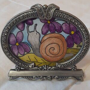 Tiny Snail and Violets Watercolor and Ink Painting in RUSS Pewter Frame